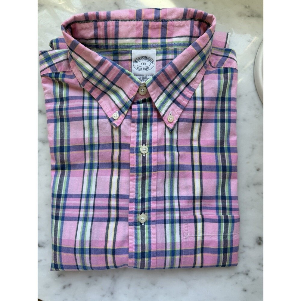 Men’s Brooks Brothers Pink Plaid Madras Cotton Button Down Shirt Long Slv XXL
